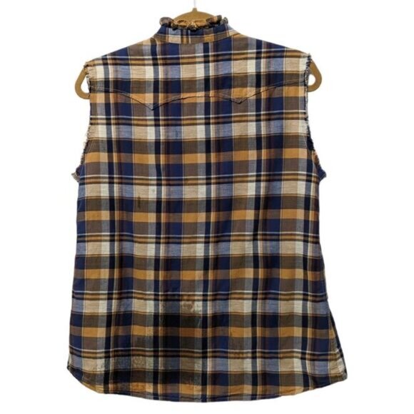 NILI LOTAN Plaid Ruffle Distressed Sleeveless Button Up Shirt M - Picture 7 of 9